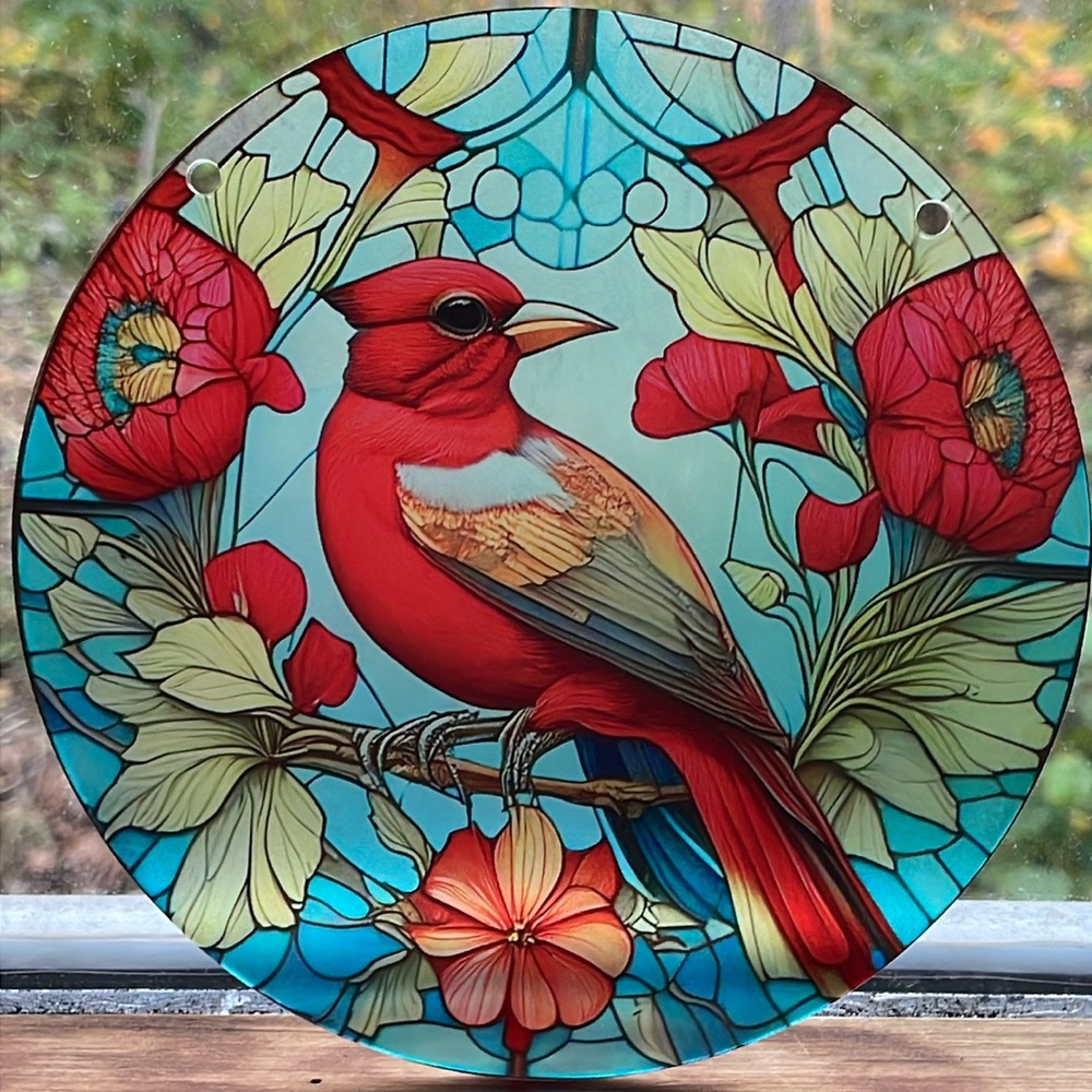 Suncatcher Red Floral Bird Acrylic 6” Home Decor Cabin Gift Decoration